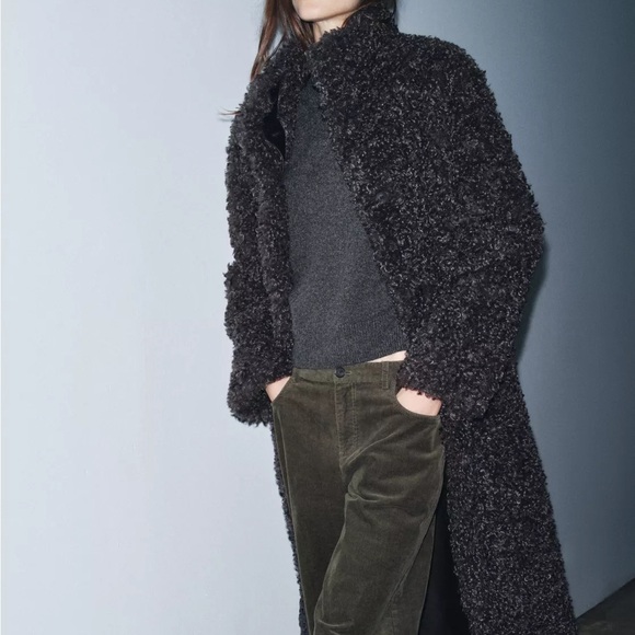 New Zara faux shearling long fleece teddy coat in taupe gray - small - Picture 6 of 11